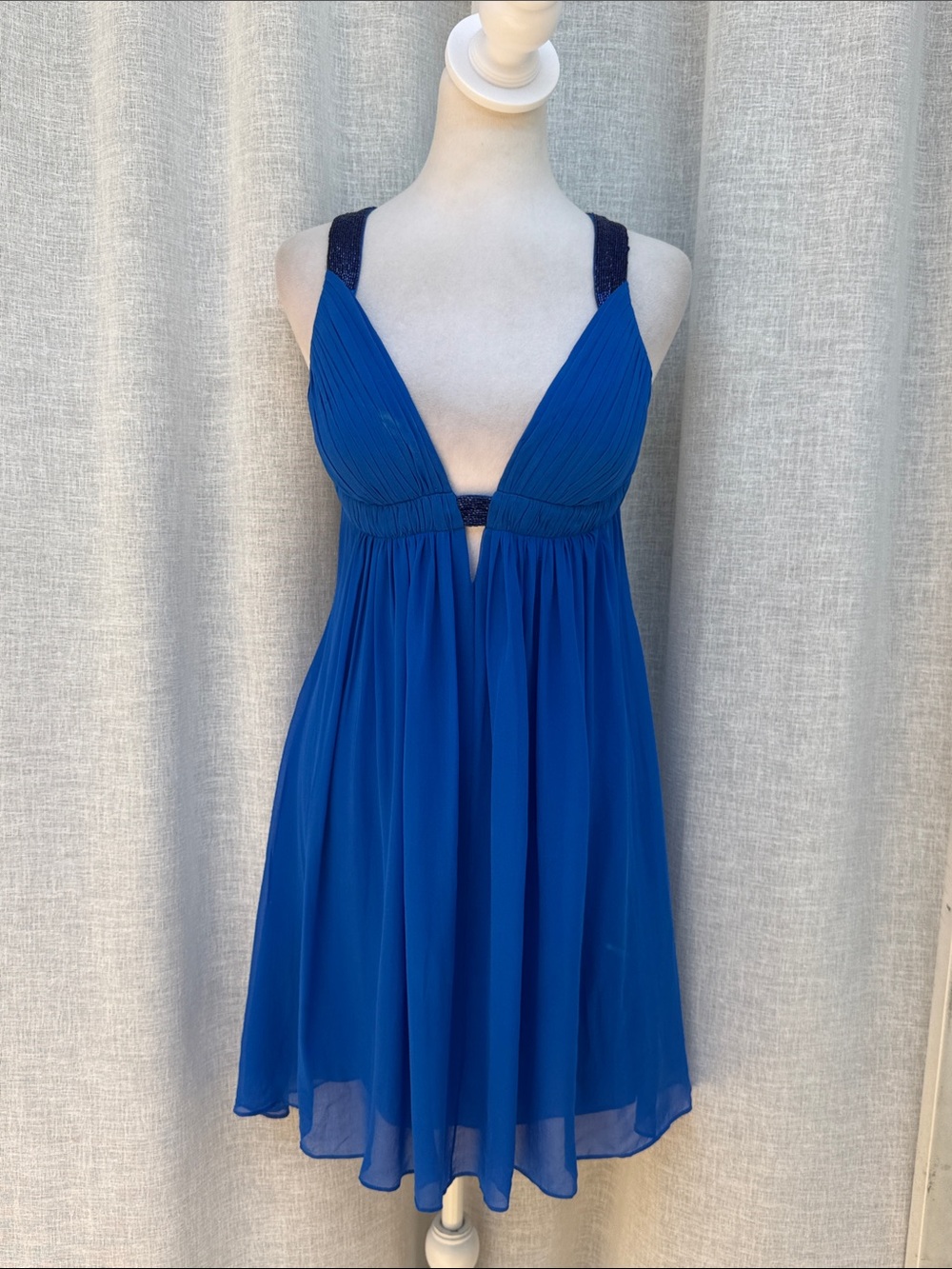Cache cobalt blue beaded trim open back silk mini dress